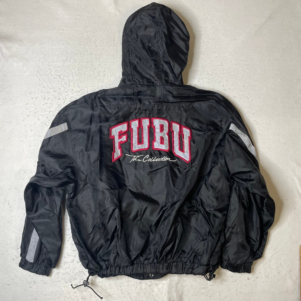 FUBU Windbreaker Jacket Mens Large Black Embroidered Hooded Full Zip Vintage 90s